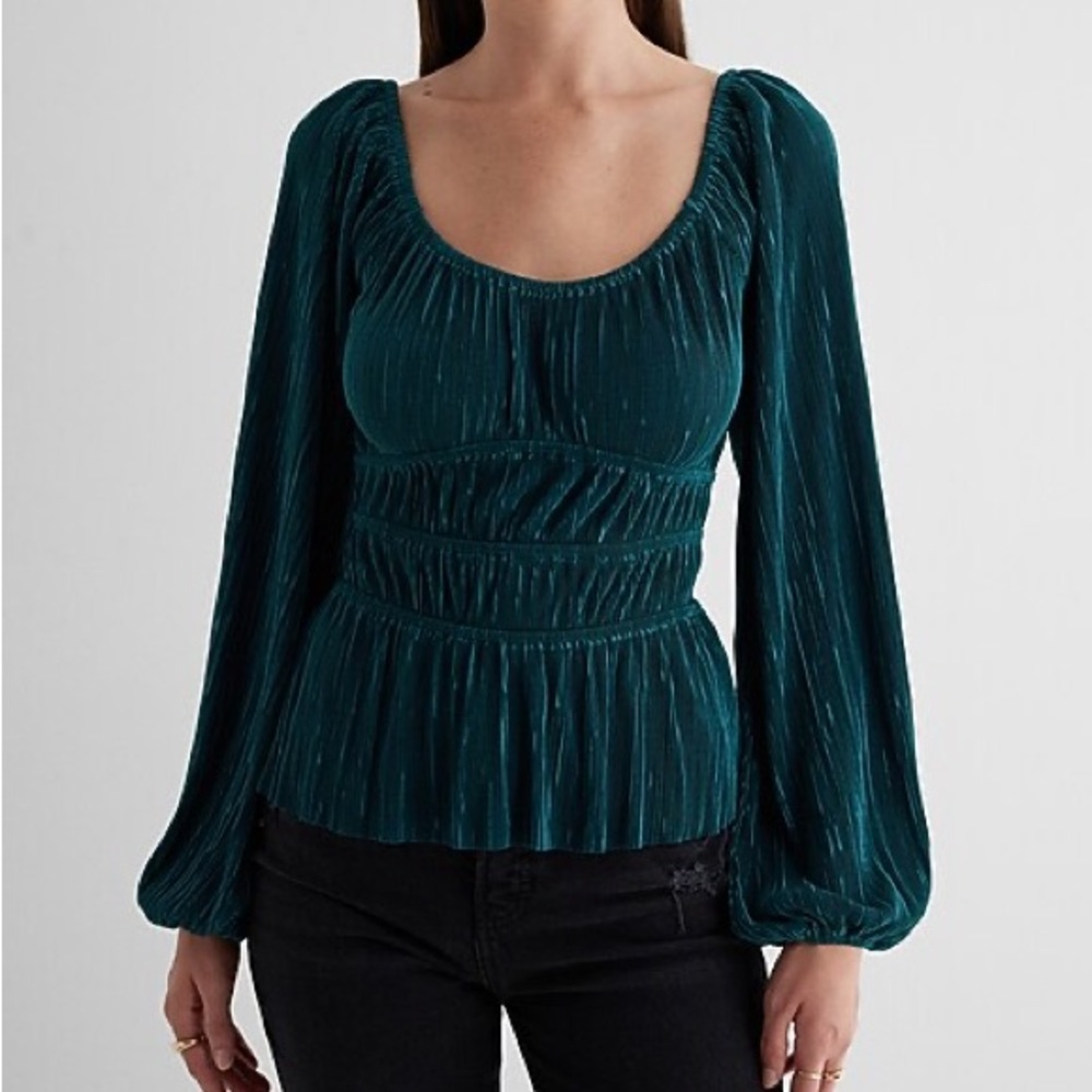 Express Teal Balloon Sleeve Pleated Blouse